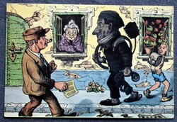 Kéményseprőt látok, szerencsét találok - humoros képeslap    Bechtold István grafika