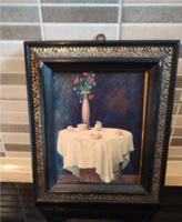 Elegáns polgári csendélet díszes keretben ​Eladó egy 27 x 23 cm méretű, klasszikus stílusú, olajtech