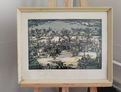 Török Endre linómetszet 52x42 cm kerettel, beázások fotózva.