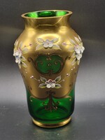 Cseh Bohémia (Borské Sklo) aranyozott zöld üvegváza