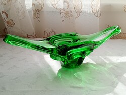 SFX- Üveg zöld asztalközép gyümölcsös kínáló tál kristályüveg Cseh 38x12x13cm Bohemia