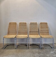 Vintage Italian woven dining chairs set, natural wicker, rattan, chrome