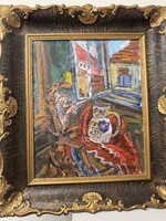 Czóbel stílusú expresszív olajfestmény – enteriőr csendélet, keretezve