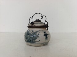 Antik Ázsia úti írószer kínai tinta tartó szitakötő porcelán réz szerelékkel toll tartó 19. század