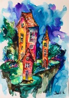 A rejtélyes ház . Gyönyörű  akvarell illusztráció art by Konrad Biro 34x24 cm.