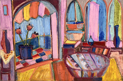 Árvay József: Enteriőr rózsaszín tulipánnal, kék üvegekkel, 1971