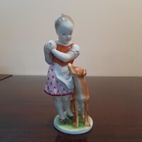 Herendi Jealous Girl with Vizsla, Girl with Dog Porcelain Figurine