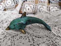 Retró, zöldes-türkizkék verdigris patinával festett réz, vagy bronz delfin figura