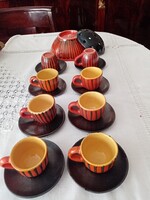 Tófej kávés / mokkás kerámia készlet: 8 csésze + csészealj és  ikebana / virágrendező tálka
