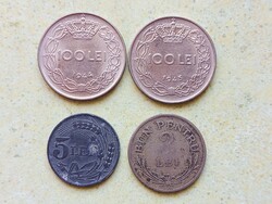 Románia 4 db Különböző Érme 2 5 100 Lej Lei 1924-1944