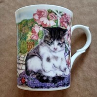 ﻿Vintage Staffordshire, rózsabokor alatt ülő cicás, macskás csontporcelán csésze