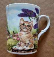 Vintage Staffordshire, nyáriorgona alatt ülő cicás, macskás csontporcelán csésze