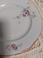 Zsolnay szép szellőrózsás, virágos porcelán lapos tányér, piros csíkkal a szélén, 4db