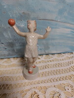 Zsolnay  pöttyös ruhás, kislány labdával, porcelán figura