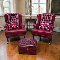 Chesterfield mélybordó,burgundi füles fotelek lábtartóval B684
