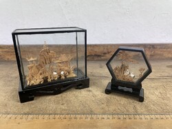-AX375- Kínai parafa faragás üvegben tájkép diorama fafaragás keleti dísztárgy pagoda daru vintage