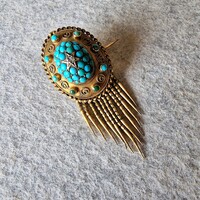 Victorian Etruscan Revival style, 15k gold pavé turquoise and diamond tassel brooch