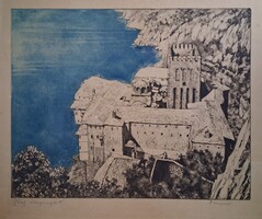 Maurer Dóra (1937-2026): Görög tengerpart - Rézkarc