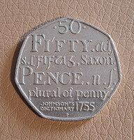Egyesült Királyság 50 penny, 2005 - Samuel Johnson Angol Nyelv-szótárának kiadása - Emlékérme