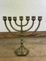 -AX415- Antik réz Menóra hétkarú gyertyatartó zsidó rituális tárgy Judaica sárgaréz 24cm