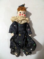 Régi antik porcelán fejű bohóc baba 25 cm pöttyös ruha