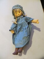 Régi antik porcelán baba 39 cm kék ruha sapka