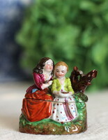 Antik, viktoriánus Conta & Böhme kézzel festett porcelán, madárfészek, leányok, titokrejtő doboz