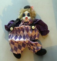 Régi antik porcelán fejű bohóc baba 22 cm lila ing