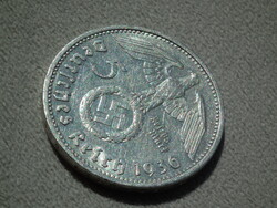 Németország, horogkeresztes ezüst birodalmi 5 Márka (Reichsmark), 1936 G