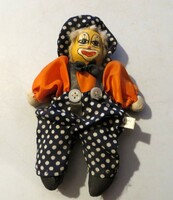 Régi antik porcelán fejű bohóc baba 16 cm kék fehér pöttyös nadrág