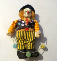 Régi antik porcelán fejű bohóc baba 23 cm  sárga csíkos nadrág