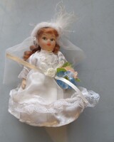 Régi antik miniatűr porcelán baba 11 cm mennyasszony kék virág