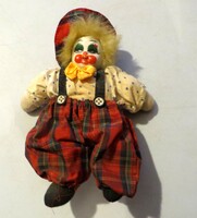 Régi antik porcelán fejű bohóc baba 19 cm  pöttyös ing