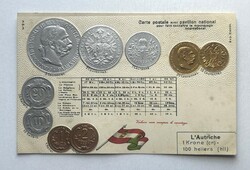 Ferenc József osztrák korona pénzrendszer - Dombornyomott érmés képeslap / Kis zászló - Francia