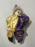 Régi antik porcelán fejű bohóc baba 21 cm lila arany ruha