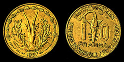 Togo Francia Nyugat Afrika 10 frank 1957
