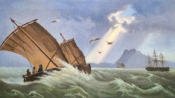 Antik tengeri jelenet hajókkal (olaj-vászon) Árverési Csarnok címkével - hajózás, hullámok, víz
