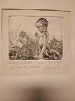 Hartung Sándor: "Kislány a kertben", rézmetszet, 1982, méret jelezve