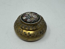 Antik olasz miniatür réz szelence, gyógyszeres dobozka virágos mikromozaikkal, üvegmozaikkal RZ