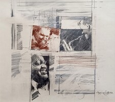 Gyémánt László (1935-): Blues,1978 ,Ceruza! Jazz, Zenészek, Szaxofon... a Művész Ikonikus alkotása