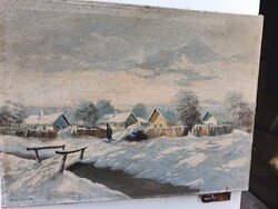 Téli táj, olaj vászon festmény. Mónus Sándor alkotása