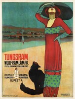 Faragó Géza vintage Tungsram reklám plakát reprint, fekete macska kalapos nő piros ruha csillagok ég