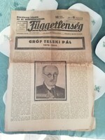 Függetlenség Budapest 1941 április 4.    Napilapban Gr. Teleki Pál halála