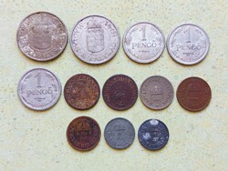 Magyarország 12 db Különböző Érme 2 10 Fillér 1 2 Pengő 1894-1944