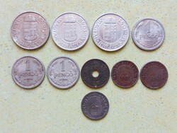 Magyarország 10 db Különböző Érme 10 20 Fillér 1 2 Pengő 1940-1944