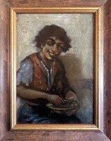 Varga István (1917-?) cigány fiú, szignózott olaj festmény kartonon keretezve, restaurálva