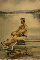 Závory Zoltán (1906-2000) Férfi kék fecskében, 1960