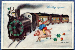 Régi Újévi üdvözlő képeslap  - mozdony malac , kéményseprő . lóhere  Bacsa grafika  1940