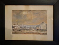 Aki kapja...  Schéner Mihály(1923-2009) Tájkép házakkal, olaj/tempera/karton! Hátán zsűri címke!