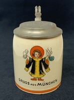 Antik müncheni emlékkorsó, ónfedeles kerámia kiskorsó, krigli, bierstein (7cm) RZ